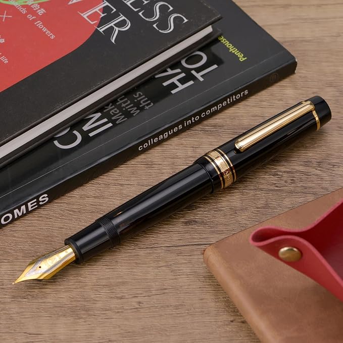 Wikult Yongsheng Junlai 930 Acrylic Fountain Pen, Size 9 Fine Nib with Piston Filling System, Piano Black Fence Ink Tank with Flat Top Design Smooth Writing Pen (Gold Trim)