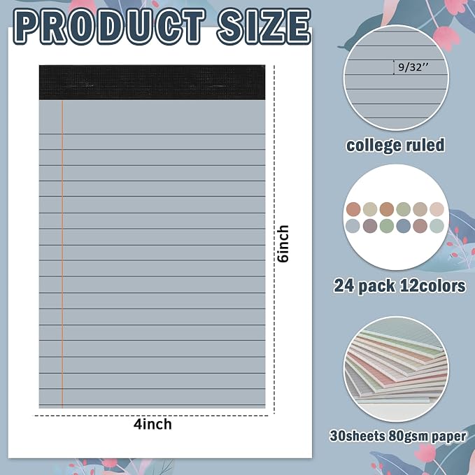 12 PCS 4 x 6 inch Small Legal Pad College Ruled Lined Boho Colored Note Pads Mini Legal Pad 80 GSM Notepad 30 Sheets Memo & Scratch Pads for Office School Work Business Home To Do List Grocery List