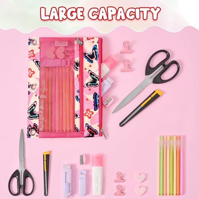 WAWSAM Butterfly 3 Ring Pencil Pouch, Zipper Pencil Pouch for Girls | 2 Pocket Clear Window Pencil Case, Pencil Pouch for 3 Ring Binder, Pencil Bags for School Supplies, Office, College