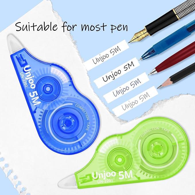 Unjoo White Correction Tape (9pack, 5M/196"x0.2", Redx3, Greenx3, Bluex3) | Easy To Use Applicator, Fast Clean Tear-Resistant Tape For school Supplies, Office