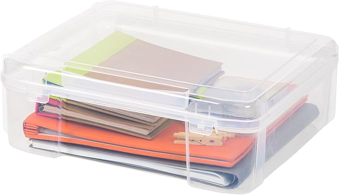 IRIS USA Fits 12" x 12" Paper, Thick Portable Plastic Scrapbook Project Case with Built-in Handle for Art and Craft Supplies, Yarn, File, Paper, Office Documents, Toys, Rounded Corner, Clear