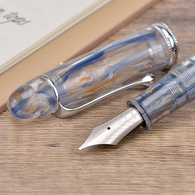 Asvine V800 Fountain Pen -Vacuum Filling System with Large Ink Capacity - Number 8 Stub Nib 1.1mm Calligraphy Art Drawing with Wrench Gift Set - Blue Brown