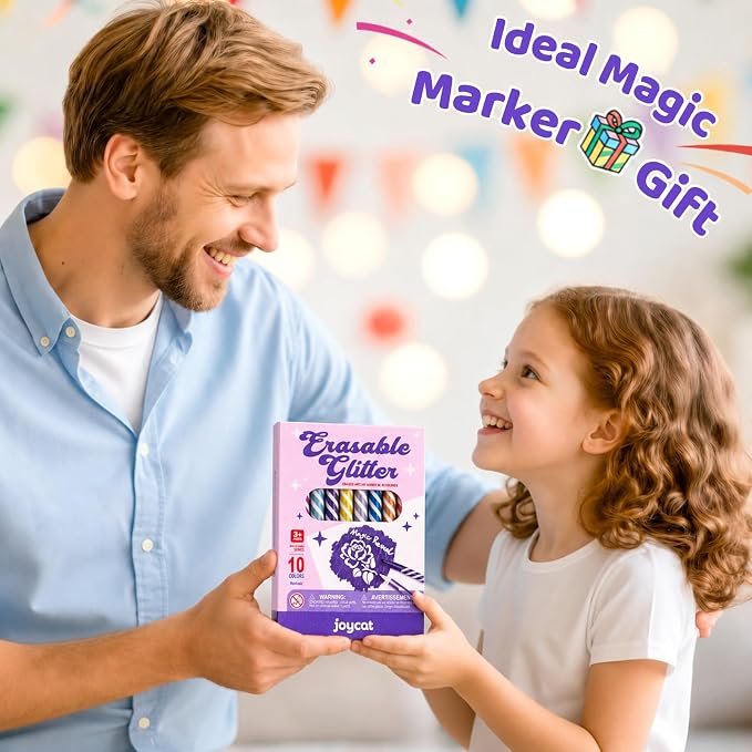 JoyCat 10-Color Erasable Glitter Markers for Kids, Dual Tip Sparkle Pens | Fun pens for kids use glitter color and white eraser tips to correct details, create highlights and reveal secret messages.
