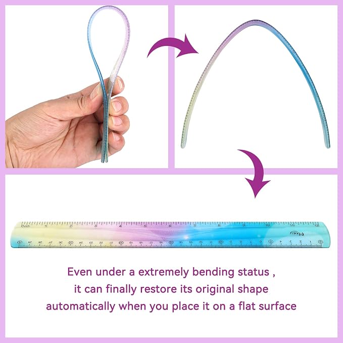 Grevosea 4 Pieces Flexible Rulers, 30cm/12inch Plastic Ruler Shatterproof Straight Edge Ruler Soft Bendable Rulers for School Classroom Office Kids & Adults