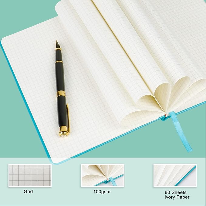Grid Journal Bullet Notebook - Turquoise Leather Cover, 8.3 x 5.7Inch, 160 Pages, 100gsm Paper, Hardcover with Inner Pocket, Elastic Closure and Ribbon Bookmark, Great for Women and Men