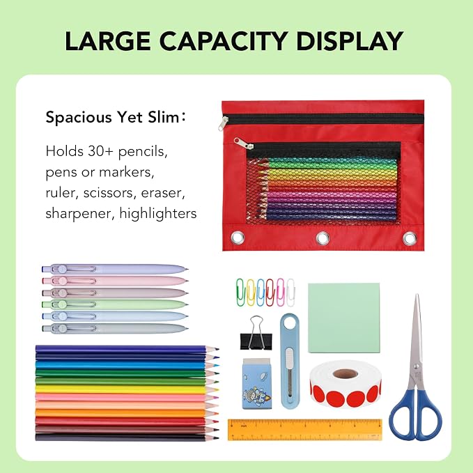 Pencil Pouch for 3 Ring Binder, Heavy Duty Canvas Dual Zipper Pen Bag with Clear Window, Smooth Metal Zipper, Fit Standard 3-Ring Binders for School Office Travel Supplies (Red)