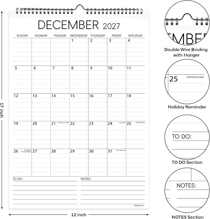 Calendar 2026-2027 Wall Calendar, July 2026 - December 2027, Large 12" x 17", 18 Months Calendar with Hanging Hook for Home Office