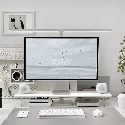 Bamboo Monitor Stand Riser with Acrylic Legs for Desk, 31.5 Inches Desktop Shelf Supports for PC Computer Monitor, Laptops, Printer, Speakers (White)