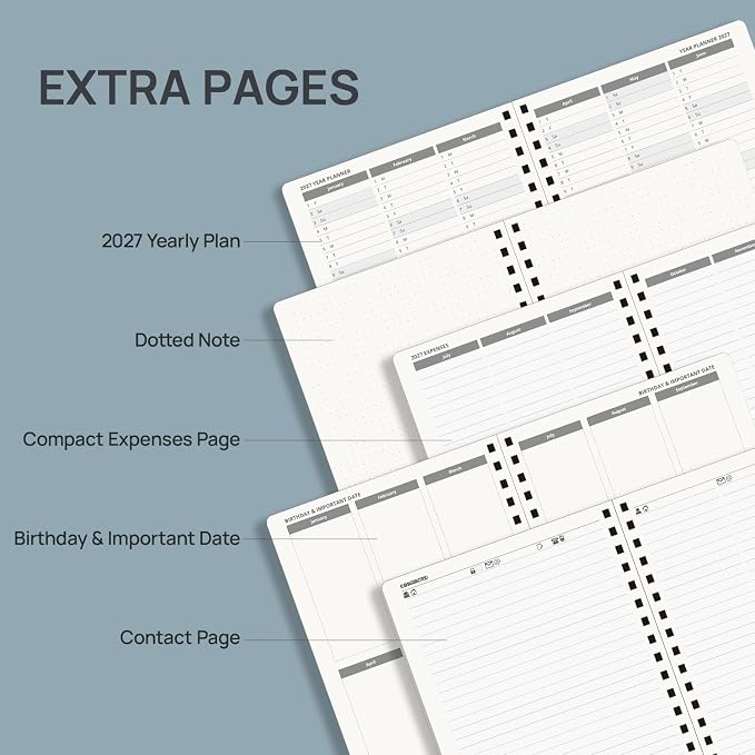 POPRUN 2027 Planner, 6.5'' x 8.5'', Weekly and Monthly Daily Calendar Book | 2027 Agenda(Jan - Dec) Appointment Book with Hourly Time Slots, Monthly Tabs, 100GSM, Spiral Leather Cover - Celadon Green