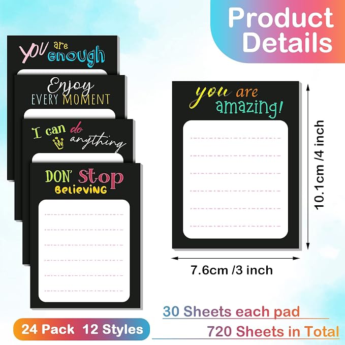 Yinder 24 Pcs Inspirational Sticky Notes, Back to School Supplies, Cute Motivational Sticky Notes Pad Employee Appreciation Gifts Bulk for Teacher Coworker Office 3 x 3'' (Inspirational,Black Color)