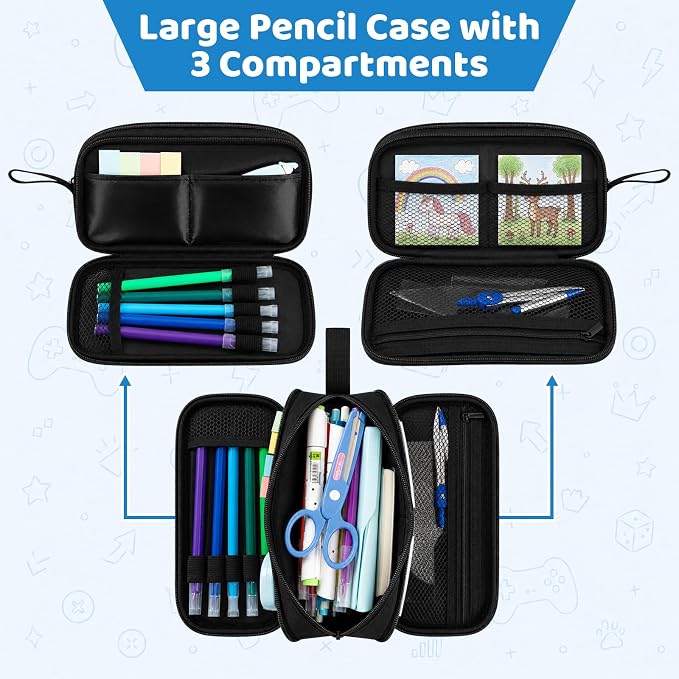 Game Controller Pencil Case for Boys Kids Teens, Large Capacity Pencil Pouch with 3 Compartments, 7 Pockets and Label Pocket for School College Office Travel (Green & Blue)