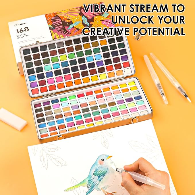 Grabie Watercolor Paint Set, Watercolor Paints, 168 Colors, Painting Set with Coloring Book, Water Brushes and Drawing Pencil, Art Supplies, Perfect Starter Kit for Watercolor Painting, Set of 168