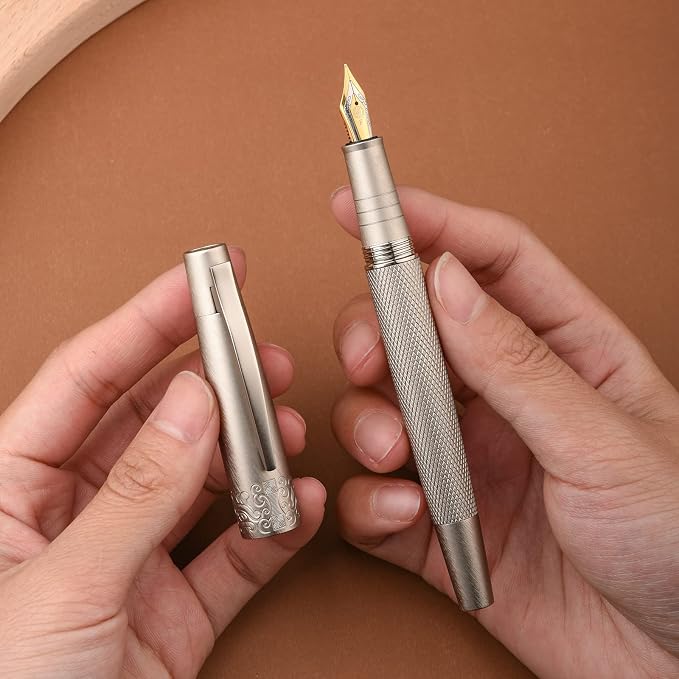 Hongdian 6013 Silver General Fountain Pen, Iridium Gold-silver Medium Nib Solid Metal Writing Pen with Metal Case