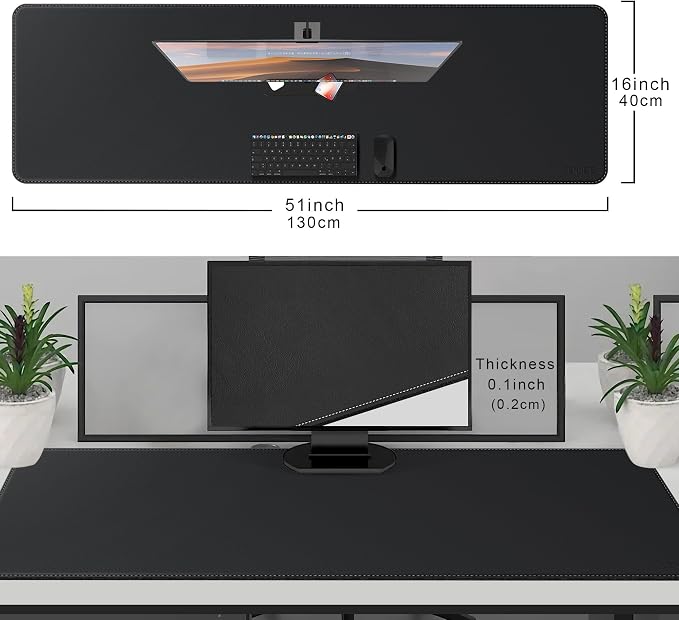 CENNBIE Leather Desk Mat, 51.2" x 16" Desk Pad for Full Desk (Black) | Premium stitched edges resist wear. Easy to clean. Protects desk from spills, stains ,scratches. Smooth glide. Office & home.