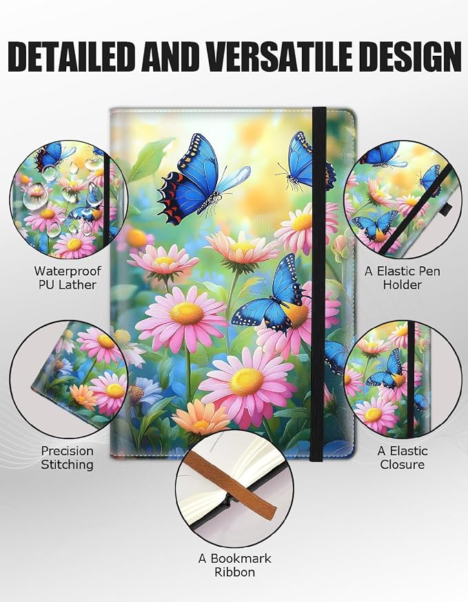 Hardcover Executive Notebooks, A5 PU Leather Lined Journal Notebook, 200 Pages Thick Paper Subject Notebooks for School,Work,Home Writing Business Notebook, Diary Book ，Blue Butterflies and Flowers