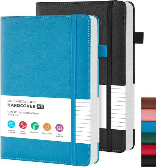 FOCUS DAY 2 Pack Lined Notebook Journals for Women/Men Work, A5 Leather Journal Notebook with Pen Loop, 100Gsm Premium Thick Paper, Inner Pocket, Medium 5.7"x8.4", Blue & Black