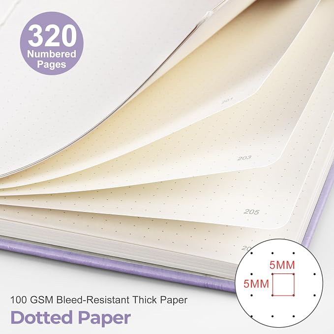 EMSHOI Dotted Journal Notebook, 320 Pages, A5 Size (5.7'' x 8.3'') | Leather Hardcover, 100 GSM Thick Paper, for Journaling, Planning, Tracking & Sketching, Sun Debossed (Light Purple)