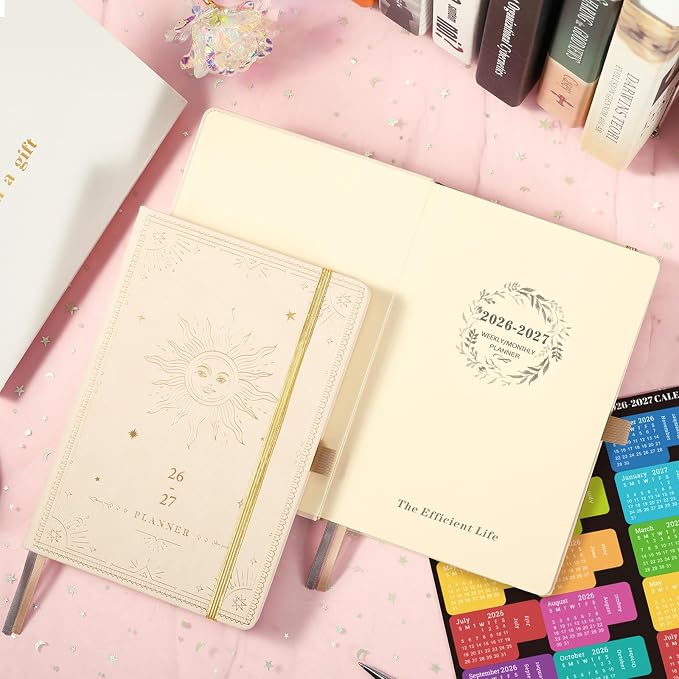 Planner 2026-2027 - Academic Planner 2026-2027, July 2026 - June 2027, 5.75" x 8.25", 2026-27 Weekly and Monthly Planner, Faux Leather planner 26-27 with Back Pocket & 40 Notes Pages - Seashell Gold