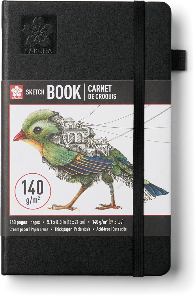 Sakura Sketchbook A5 - Drawing Sketchbook for Visual Journaling, Effortless Sketching & Personal Use - 140 GSM Paper - Hardcover Hardcover - 160 Pages - 5.1 x 8.3" - Black - Cream Paper