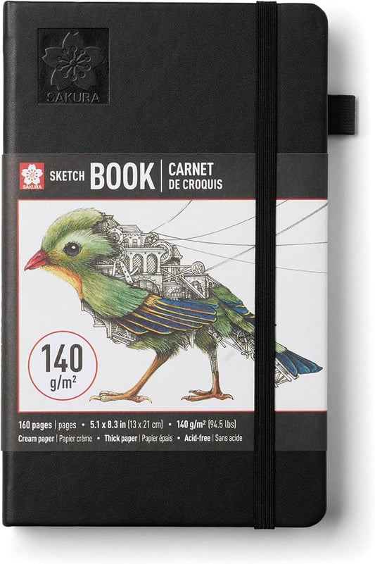 Sakura Sketchbook A5 - Drawing Sketchbook for Visual Journaling, Effortless Sketching & Personal Use - 140 GSM Paper - Hardcover Hardcover - 160 Pages - 5.1 x 8.3" - Black - Cream Paper
