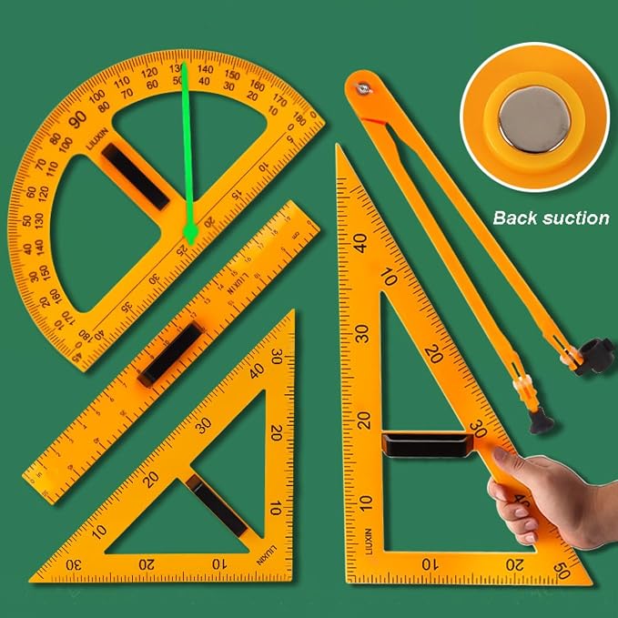 Magnetic Triangular Scale Ruler Set Drafting Tools Mathematics Protractor Pencil Compass, Math Geometry Classroom Teaching Measurement Set Oversized Ruler (4-pcs Ruler Compass Protractor)