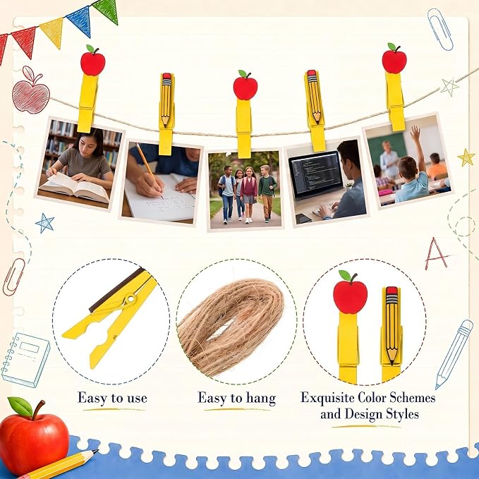 Mifoci 50 Pack Back to School Wooden Photo Clips with Twine, Apple and Pencil Shaped Clothespins for Classroom Decor, Student Work Display, Teacher Appreciation Gifts, Bulletin Board Party Decorations