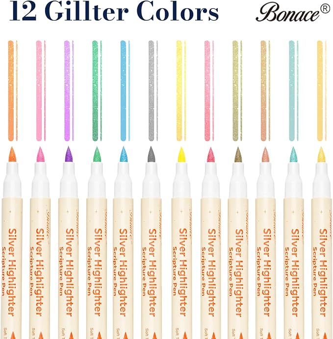 Silver Glitter Highlighter for Bible No Bleed,12Pcs Light Pastel | No Bleed Through Thin Pages, Soft Brush Tip, Lightweight for Long Study Sessions