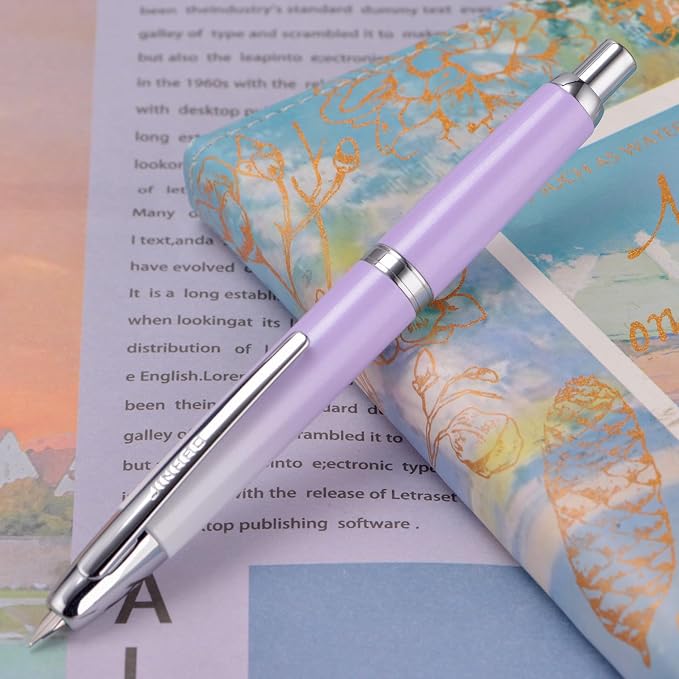 Jinhao 10 Press Fountain Pen with Box, Gradient Light Purple Retractable Fine Nib with Ink Converter Set (Silver Clip)