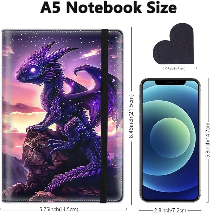 A5 Leather Lined Journal Notebook, 200 Pages Hardcover Executive Notebook for Men Women Office School Note Taking, Thick Writing Paper Daily Journal with Bookmarks/Indexes, Baby Purple Dragon
