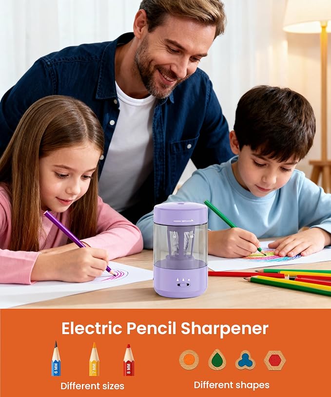 Electric Pencil Sharpener for Classroom, Fully Automatic Pencil Sharpener for 6-8mm Pencils & Colored Pencils, Auto in & Out, Type-C Rechargeable Pencil Sharpeners for Home, School, Purple