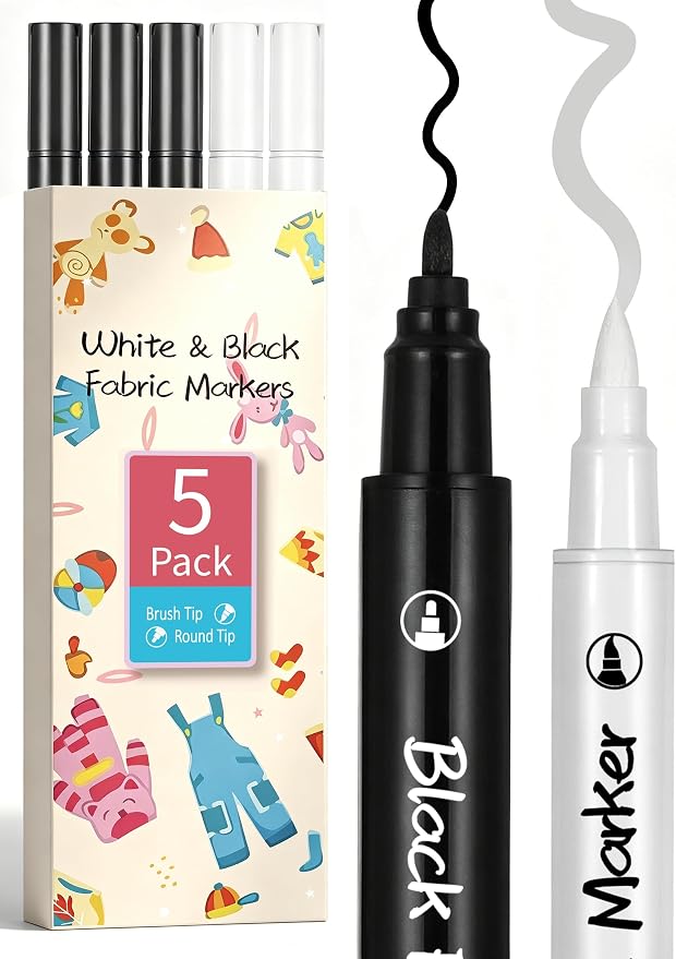 3PCS White & 2PCS Black Fabric Markers, Dual-Tip Fabric Permanent Markers for Clothes, Wash-Resistant Fabric Paint Pens for T-Shirts, Jeans, Canvas Shoes, Bags & Hats