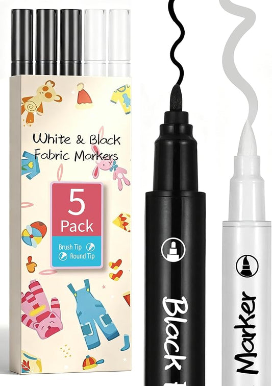3PCS White & 2PCS Black Fabric Markers, Dual-Tip Fabric Permanent Markers for Clothes, Wash-Resistant Fabric Paint Pens for T-Shirts, Jeans, Canvas Shoes, Bags & Hats