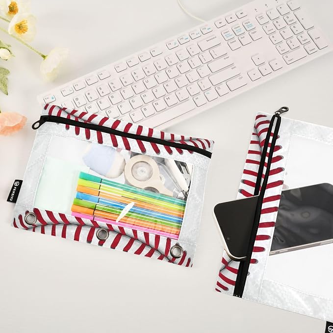 Gredecor 3 Ring Binder Pencil Pouch, Ball Softball Basebal Laces (1) Zippered Pen Case Pouches with Clear Window, 2 Pack Stylish Office & School Supplie