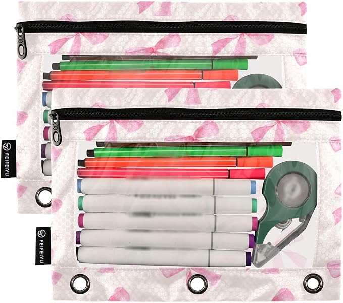 Pink Bow Pencil Pouch Fits Standard 3-Ring Binders, Zipper Binder Pencil Bag with Clear Window for Office 2 Pack