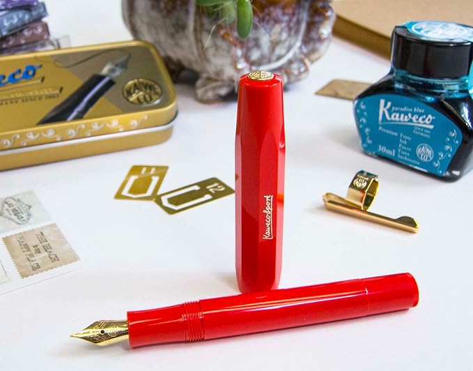 Kaweco CLASSIC SPORT Fountain Pen Red with 23 Carat Gold-Plated Steel Nib and Iridium Tip for Ink Cartridges I Sport Fountain Pen 13 cm I Nib: M (Medium)