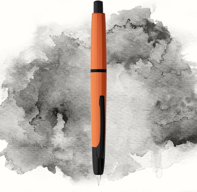 erofa Majohn A2 Press Fountain Pen Extra Fine Nib with Box, Retractable Orange Resin Ink Pen with Converter Writing Set (Black Clip Version