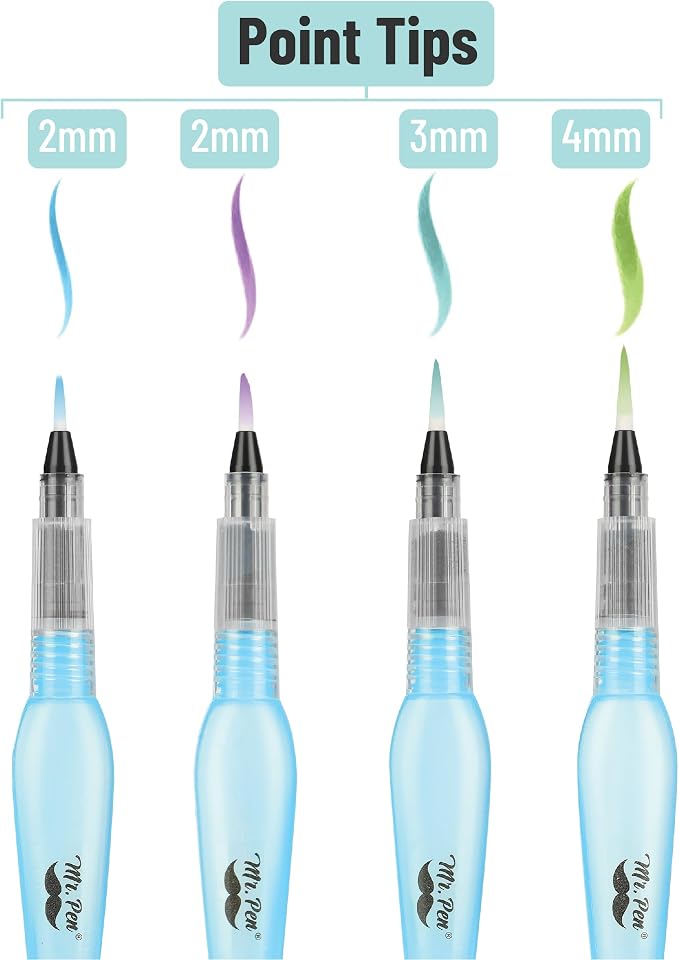 Mr. Pen- Watercolor Brush Pens, 4 pcs, 4 x Point Tips, Blue Set, Large | Nylon Bristles, Refillable Watercolor Pens for Acrylic, Gouache, Crayons, Ideal for Artists, Drawing, Sketching