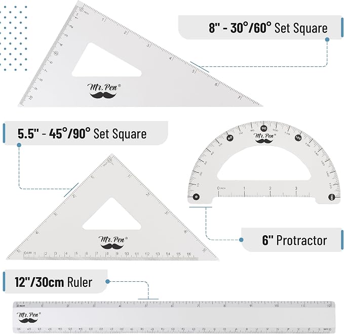 Mr. Pen- Metal Geometry Kit, 4 Pack, 45° & 30°/60° Set Squares | 6" Protractor & 12" Ruler, Durable Metal Drafting Tools for Technical Drawing, Math, Engineering & Architecture