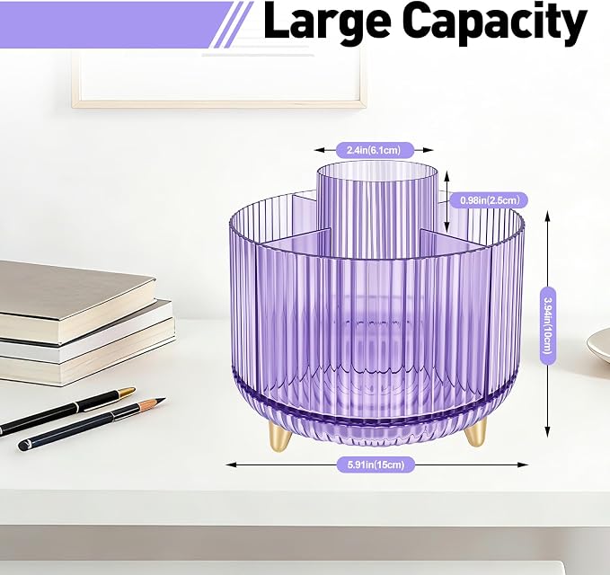 360 Rotating Pen Pencil Holder for Desk, Pen Organizer with 5 Slots, Makeup Brush Holder, Desk Organizer and Accessories, Cute Pencil Cup Caddy for Office School Home Decor Art Supply (Purple)