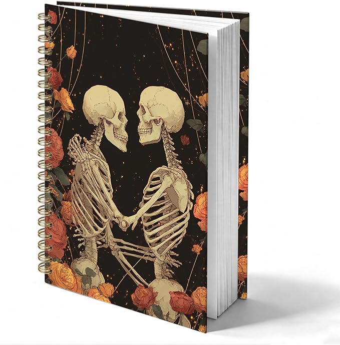 HOXUNQINA Gothic Halloween Couple Skeleton Journal Notebook 5.5x8.3 | Romantic Rose Flower Skeleton Lovers Journal for Women, Dark Academia Gothic Office Supplies Notebooks for Work
