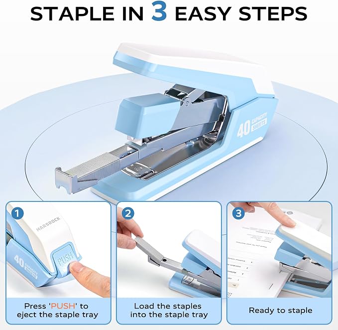 Marsrock Effortless Stapler for Desk with 40-50 Sheet Capacity, 2000 Staples, 1-Touch Stapling, Ergonomic & Easy to Load Desktop Staplers, Heavy Duty Stapler, and Magnetic Staple Remover, Blue