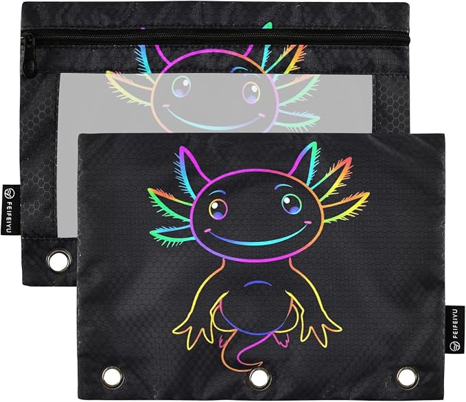 Gredecor 2 Pack Binder Pencil Pouch 3 Ring Rainbow Axolotl Zipper Pencil Pouches Case Cosmetic Bags with Clear Window Organizer for School Office