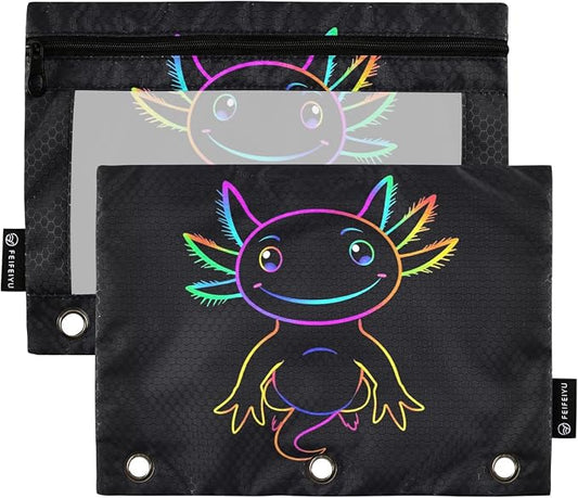 Gredecor 2 Pack Binder Pencil Pouch 3 Ring Rainbow Axolotl Zipper Pencil Pouches Case Cosmetic Bags with Clear Window Organizer for School Office