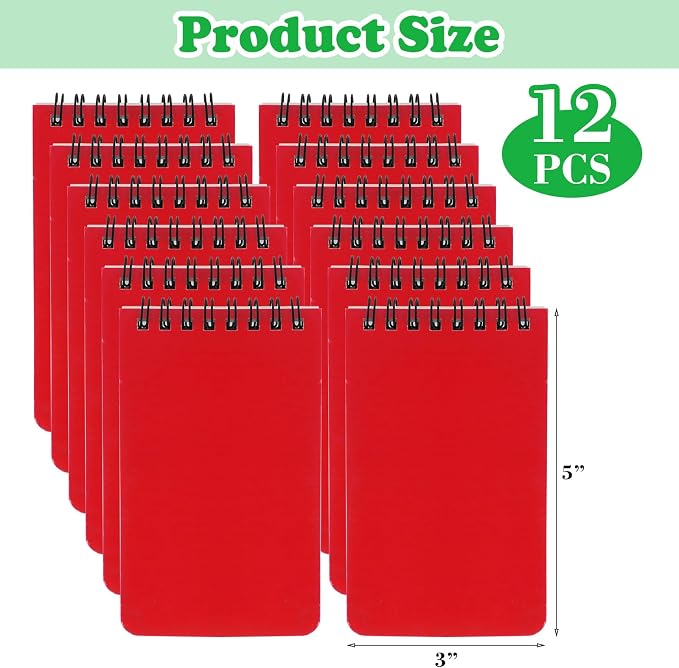 12 Pack mini Spiral Steno Pads,3x5 Inch Small Pocket Notebooks,75 Sheets/150 Pages College Ruled Lined Note Pads For Kids Adults Outdoor,Home,School,Office (Red)