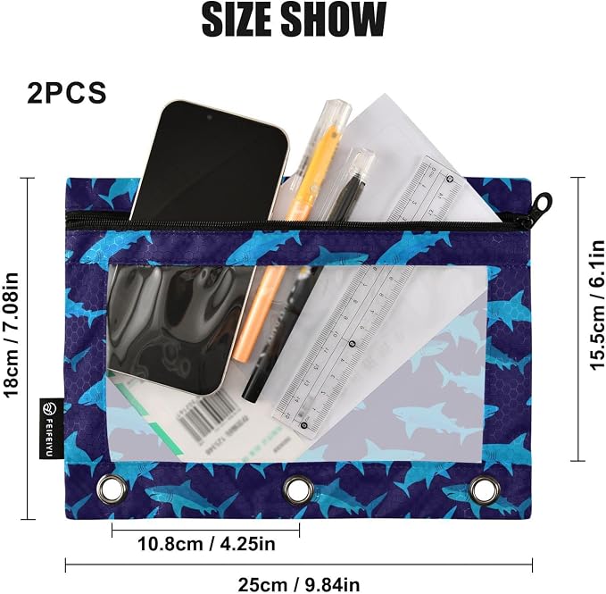 Gredecor 3 Ring Binder Pencil Pouch, Funny Shark-1 Zippered Pen Case Pouches with Clear Window, 2 Pack Stylish Office & School Supplie