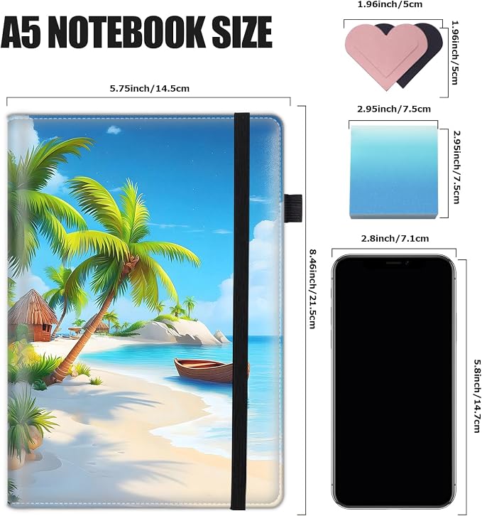 Hardcover Executive Notebooks, A5 PU Leather Lined Journal Notebook, 200 Pages Thick Paper Subject Notebooks for School,Work,Home Writing Business Notebook, Diary Book ，Ocean Beach