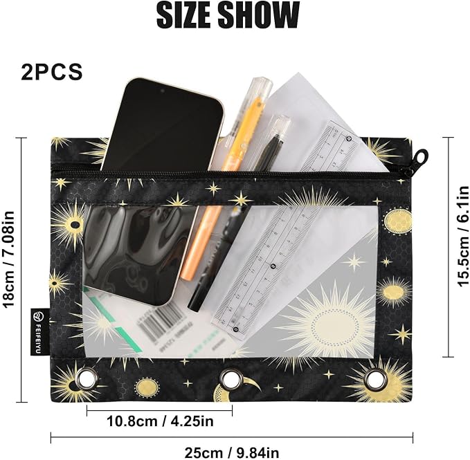 Gredecor 3 Ring Binder Pencil Pouch, Golden Moons Stars Zippered Pen Case Pouches with Clear Window, 2 Pack Stylish Office & School Supplie