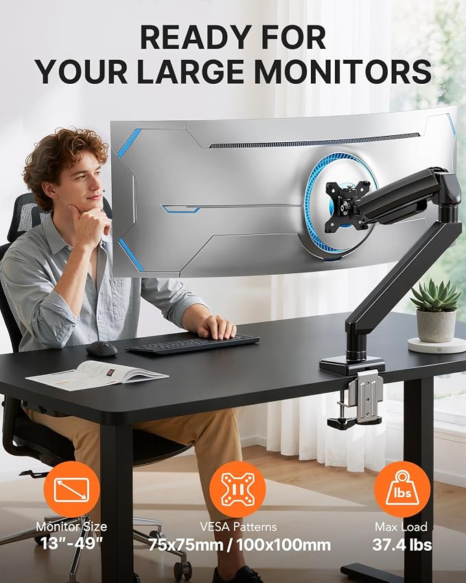 ErGear Heavy Duty Monitor Arm for 13-49″ Ultrawide Screens, 37.4 lbs Capacity, Full Motion Monitor Desk Mount, Rock-Solid Support, Dual C-Clamp & Grommet Mount, VESA 75x75/100x100mm