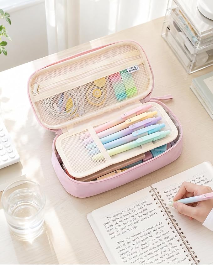 Four Candies Large Pencil Case, 5 Compartments Pen Organizer, Big Capacity Canvas Pencil Pouch Bag for School Supplies, Portable Stationery Holder for Teen Girls, Women (Pink)