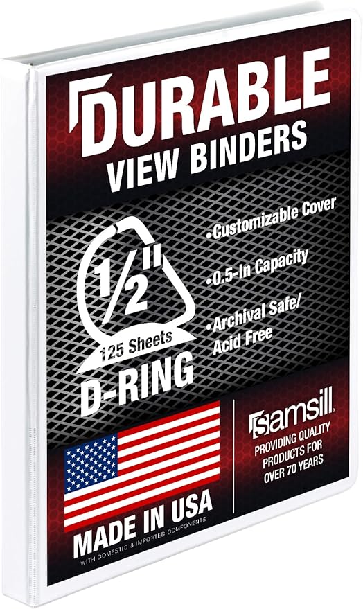 Samsill Durable 0.5 inch 3 Ring Binder, D Ring Binder, 100% Recycled Chipboard, White